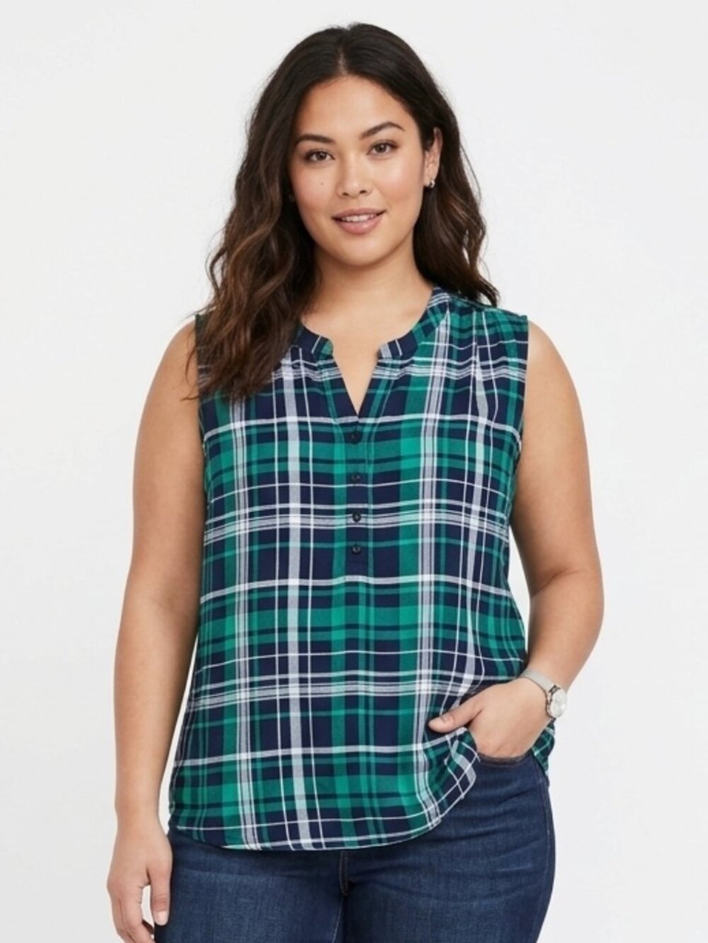 Fun 2 Fun 2XL Blue Green Plaid Henley V-Neck Sleeveless Top 3 Buttons